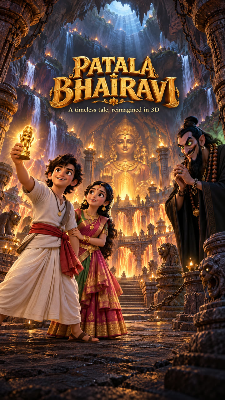 Patala Bhairavi in 3D: the gardener’s son holds up the wish-granting idol while the sorcerer watches